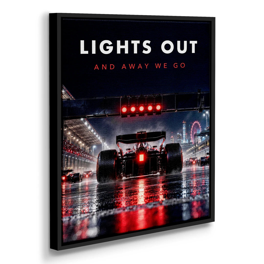F1 Lights Out and Away We Go | Obraz, w czarnej ramie, pod kątem