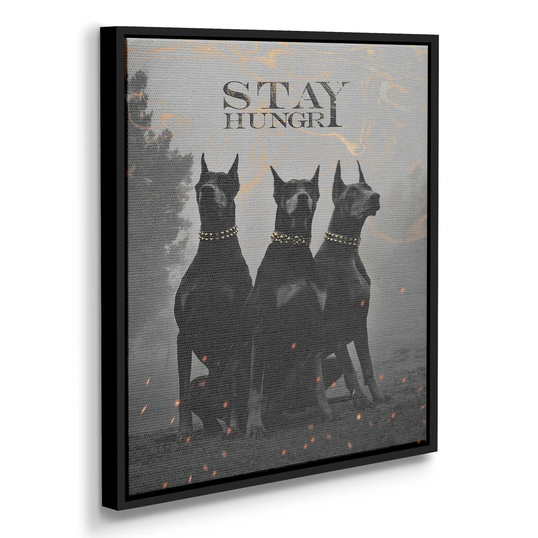 Doberman Stay Hungry | Obraz, w czarnej ramie, pod kątem