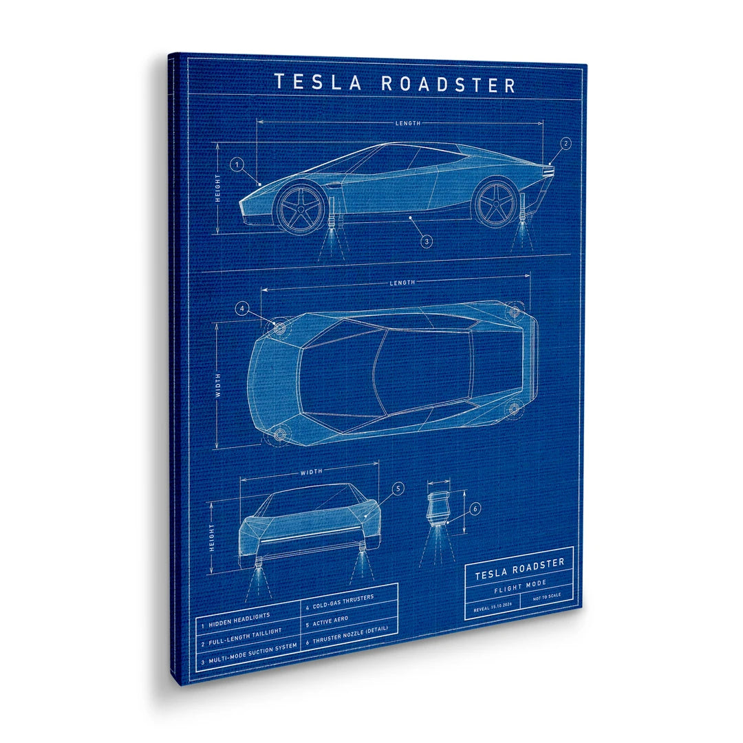 Tesla Roadster Blueprint | Obraz, pod kątem