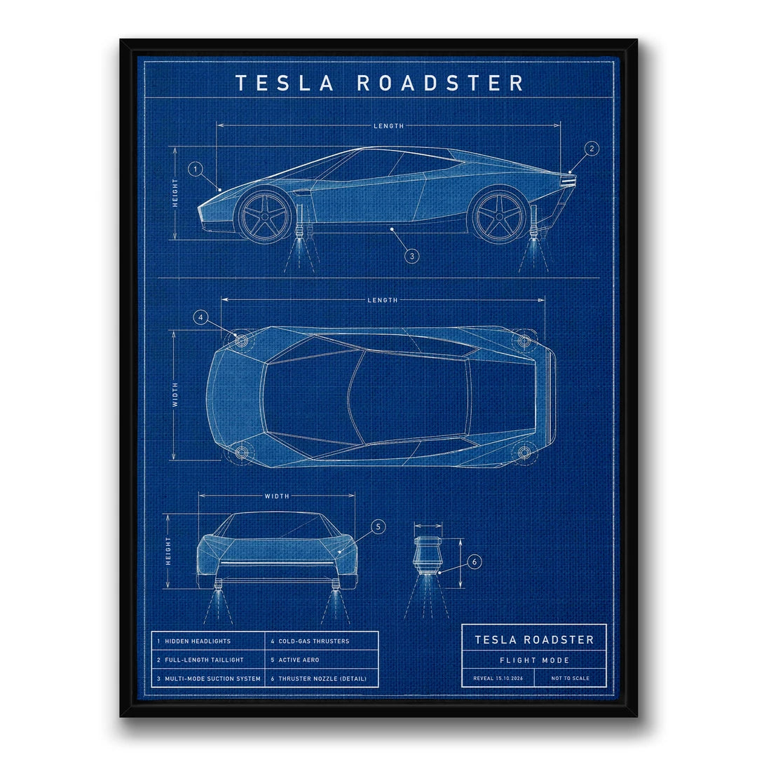 Tesla Roadster Blueprint | Obraz, w czarnej ramie, widok z przodu