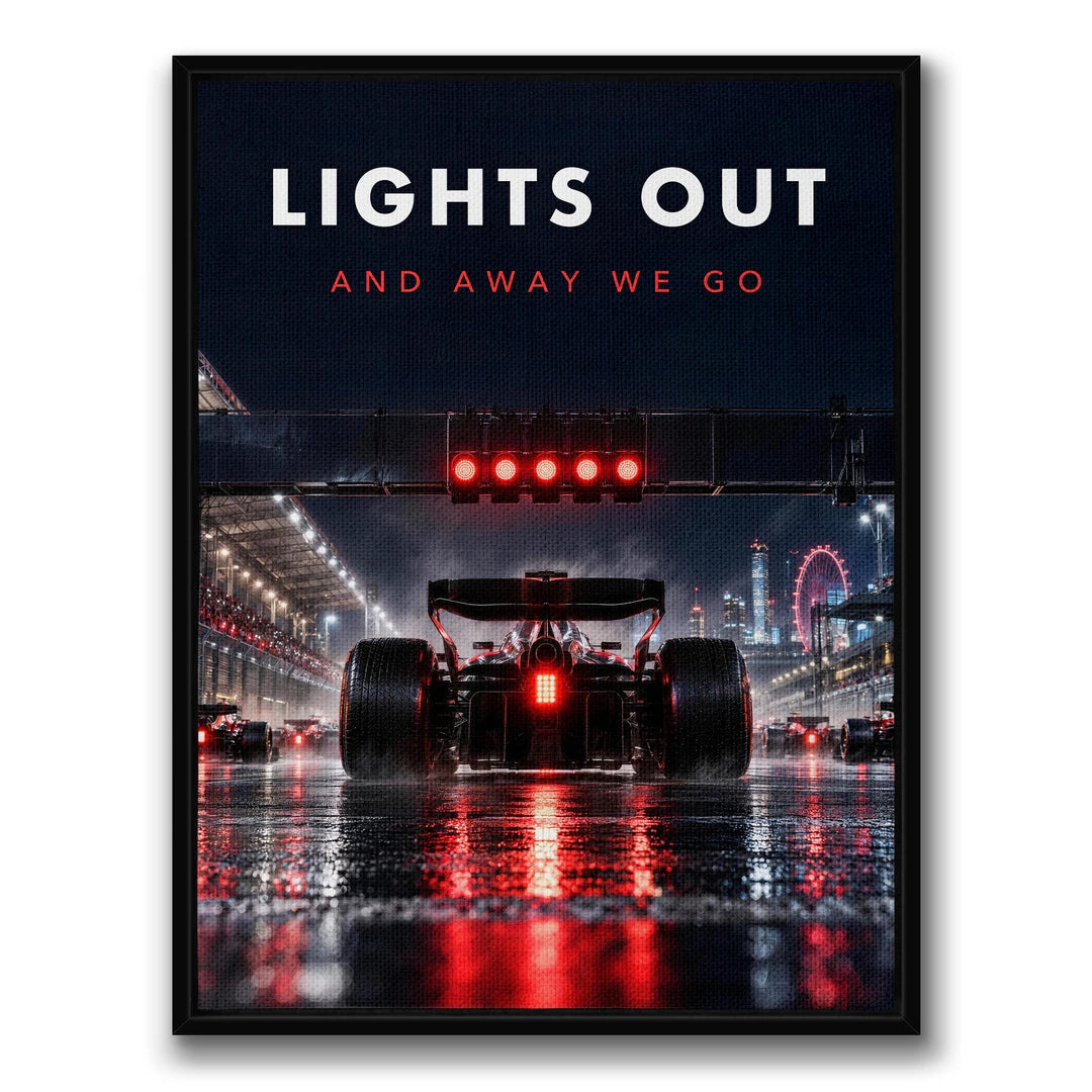F1 Lights Out and Away We Go | Obraz, w czarnej ramie, widok z przodu