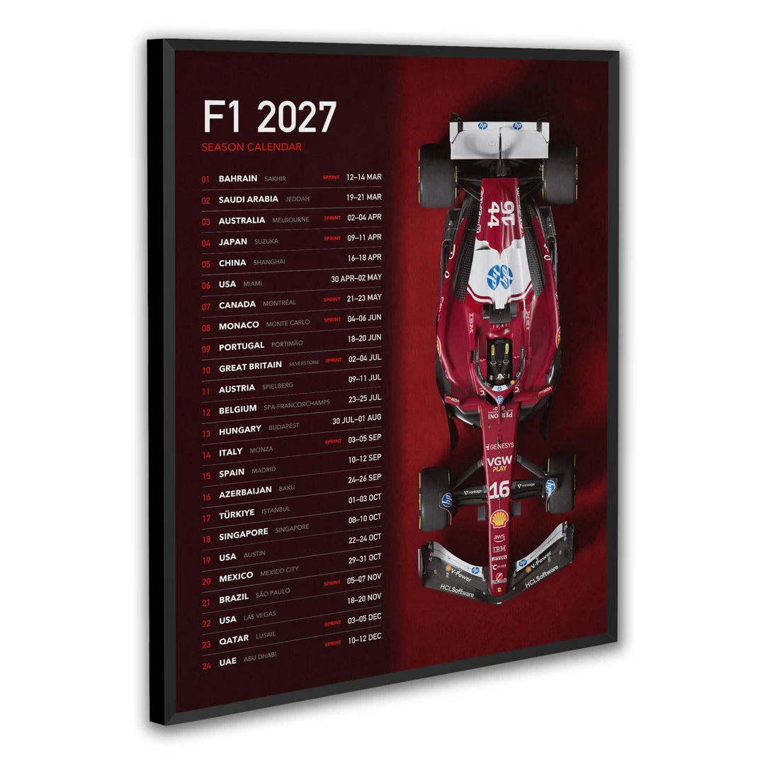 Kalendarz F1 2027 | Plakat, w czarnej ramie, pod kątem