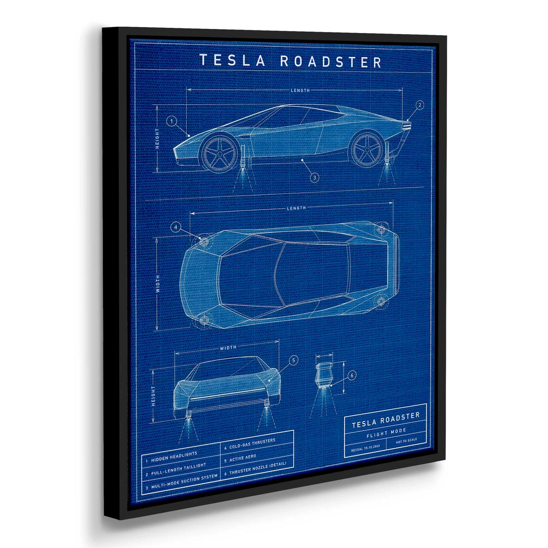 Tesla Roadster Blueprint | Obraz, w czarnej ramie, pod kątem