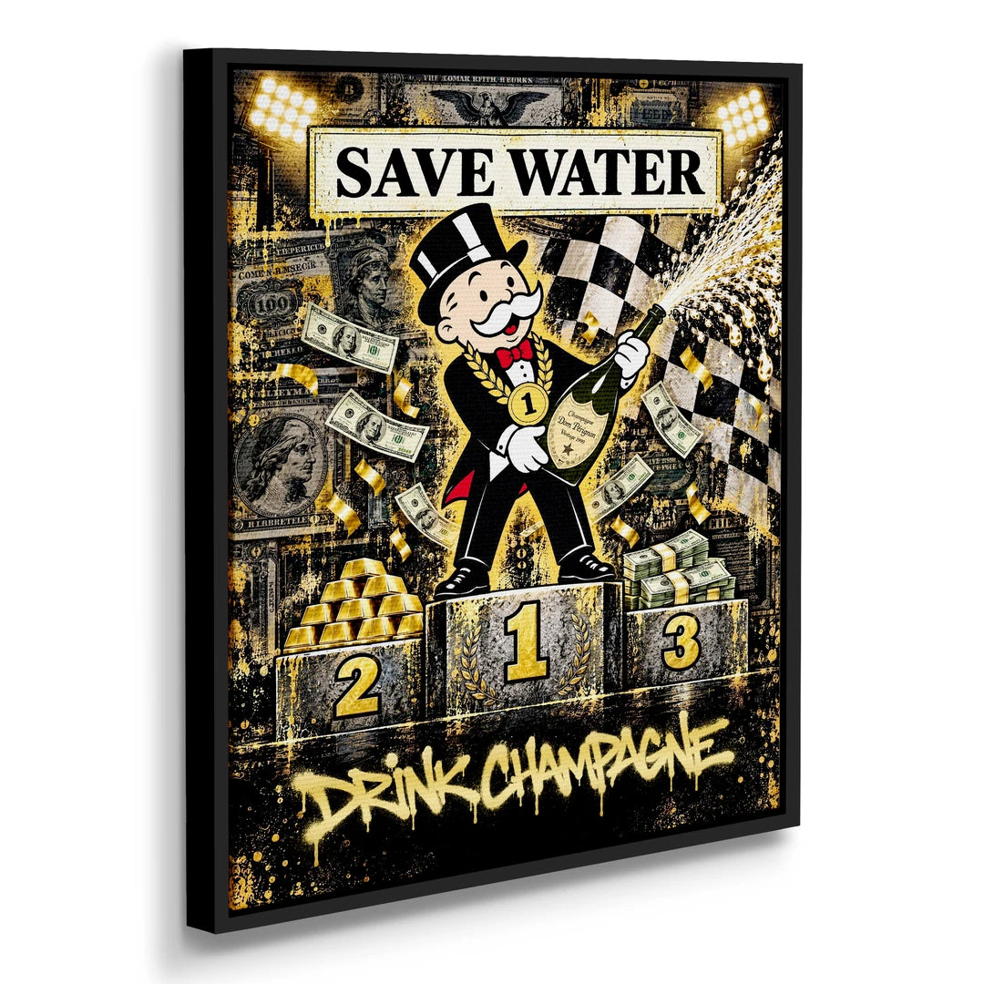 Save Water Drink Champagne | Obraz, w czarnej ramie, pod kątem