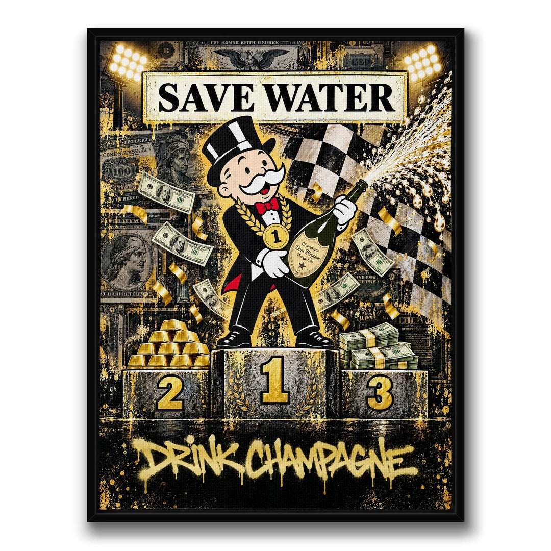 Save Water Drink Champagne | Obraz, w czarnej ramie, widok z przodu