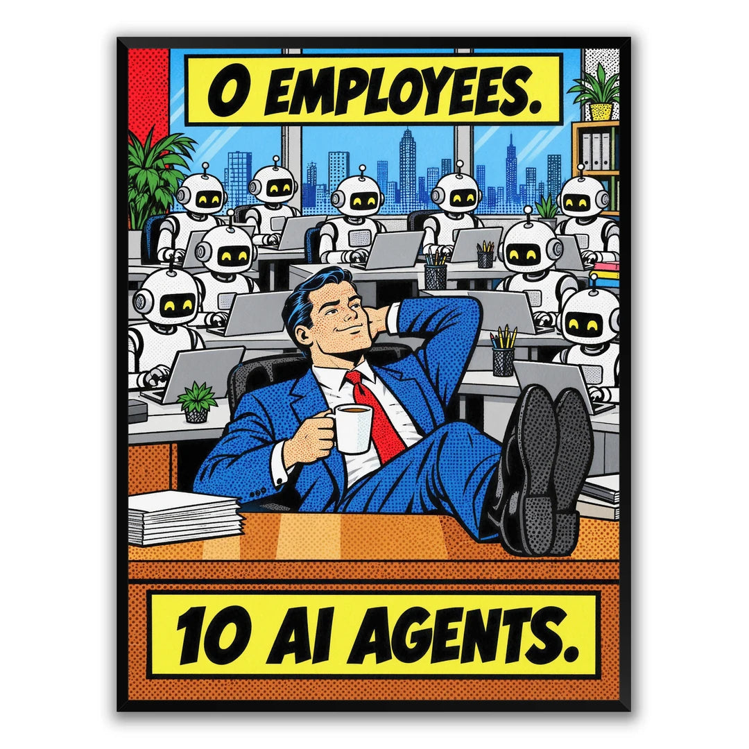 0 Employees 10 AI Agents | Plakat, w czarnej ramie, widok z przodu