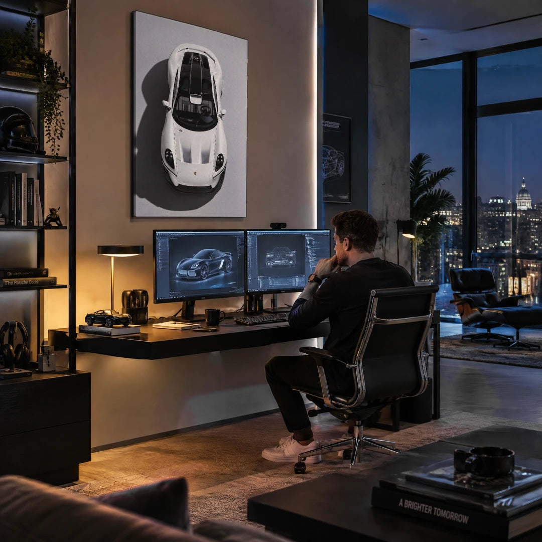 Białe Porsche Mission S | Plakat, we wnętrzu