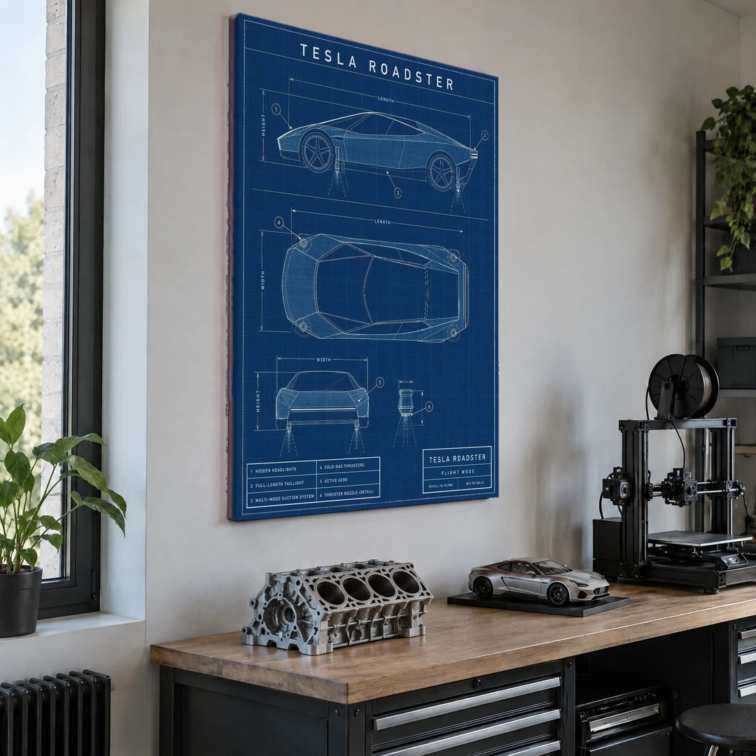 Tesla Roadster Blueprint | Obraz, we wnętrzu